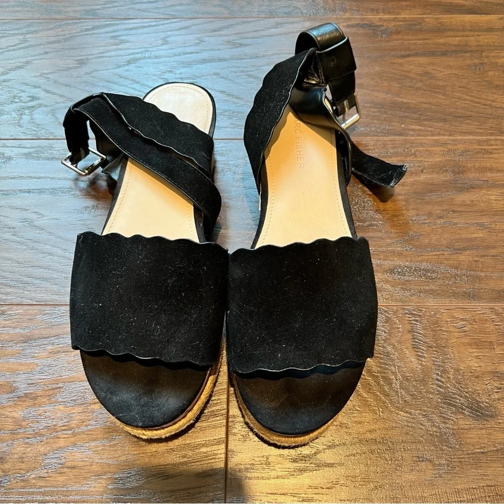 Marc Fisher Faitful Black Suede Platform Wedge Cork Sandal | 8.5